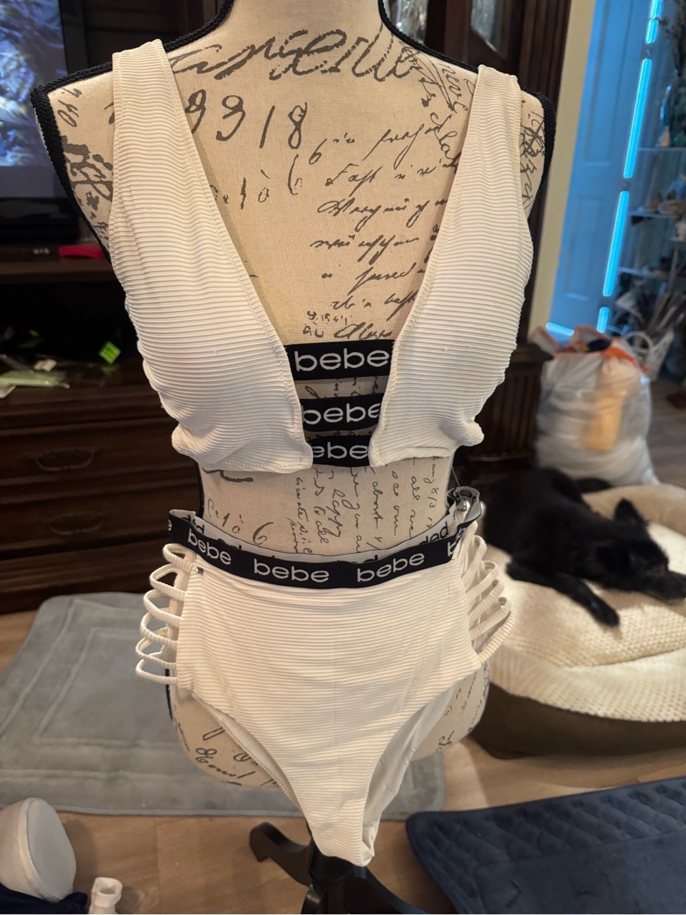 bebe White Ribbed Two-Piece Bikini Set m-l - Picture 2 of 4